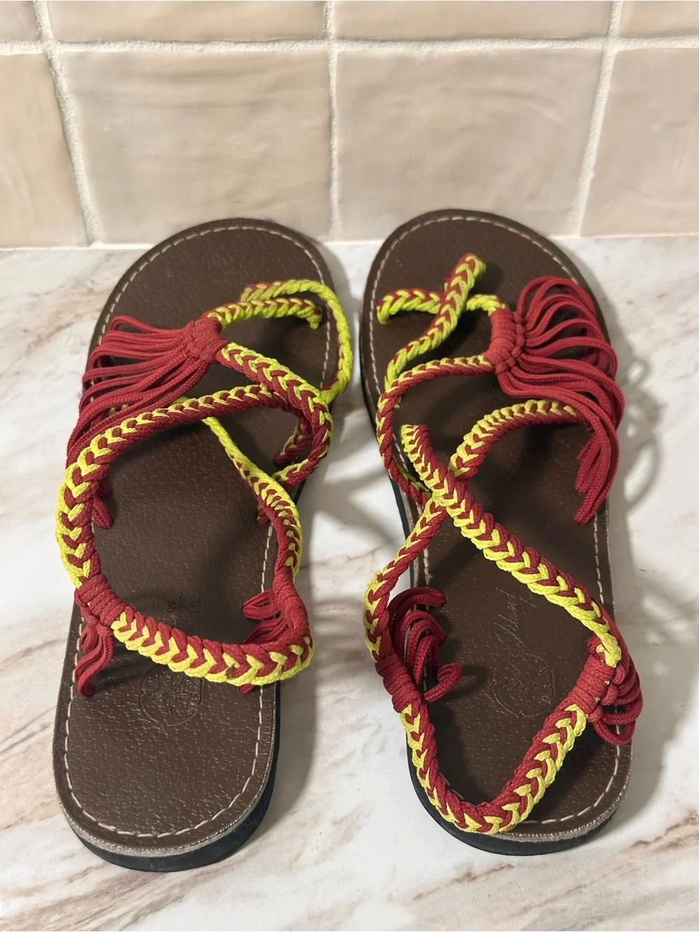 Island Toes Yellow and red braided sandals with yellow and red woven straps- 9